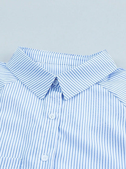 Boho Retro Blue Black Pin Stripe Shirred Scrunched Up Cuff Sleeve Light Weight Overs Sized Button Down Shirt Tunic Blouse