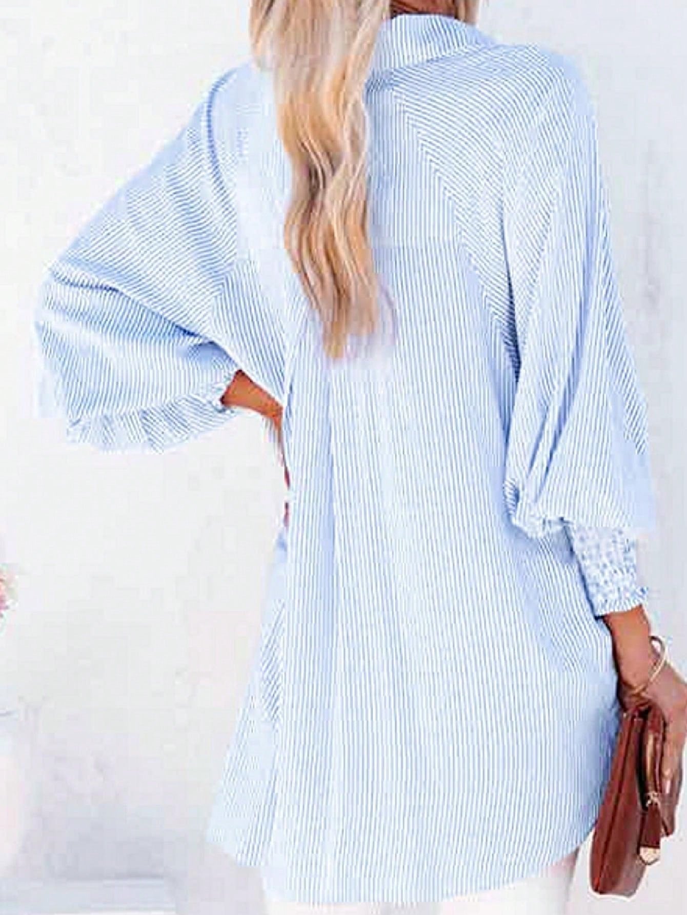 Boho Retro Blue Black Pin Stripe Shirred Scrunched Up Cuff Sleeve Light Weight Overs Sized Button Down Shirt Tunic Blouse