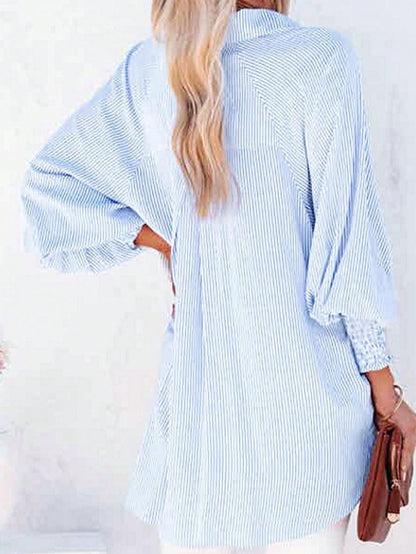 Boho Retro Blue Black Pin Stripe Shirred Scrunched Up Cuff Sleeve Light Weight Overs Sized Button Down Shirt Tunic Blouse