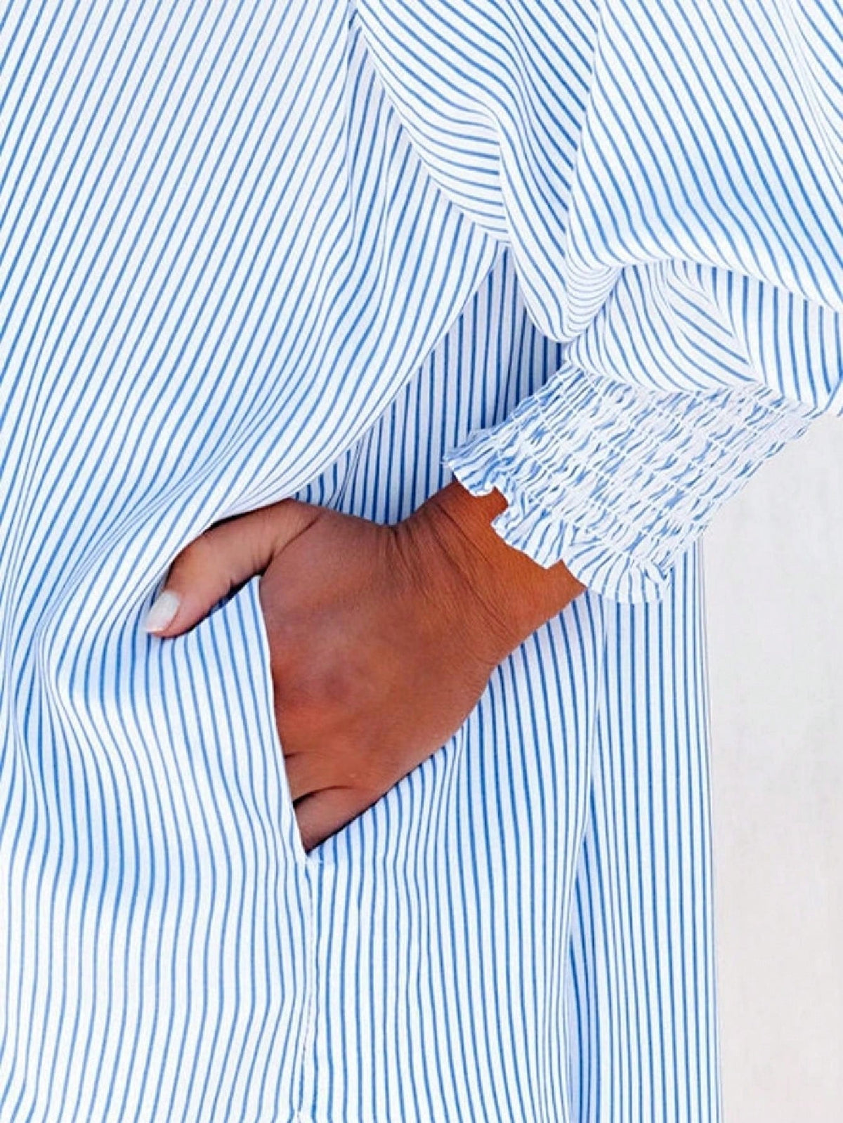 Boho Retro Blue Black Pin Stripe Shirred Scrunched Up Cuff Sleeve Light Weight Overs Sized Button Down Shirt Tunic Blouse