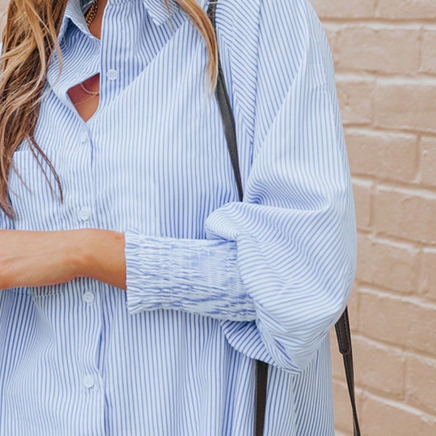 Boho Retro Blue Black Pin Stripe Shirred Scrunched Up Cuff Sleeve Light Weight Overs Sized Button Down Shirt Tunic Blouse