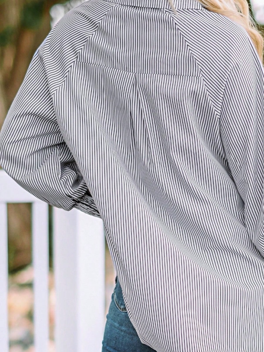 Boho Retro Blue Black Pin Stripe Shirred Scrunched Up Cuff Sleeve Light Weight Overs Sized Button Down Shirt Tunic Blouse