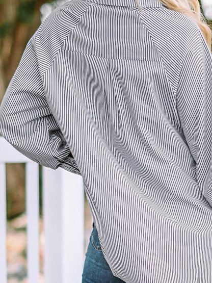 Boho Retro Blue Black Pin Stripe Shirred Scrunched Up Cuff Sleeve Light Weight Overs Sized Button Down Shirt Tunic Blouse