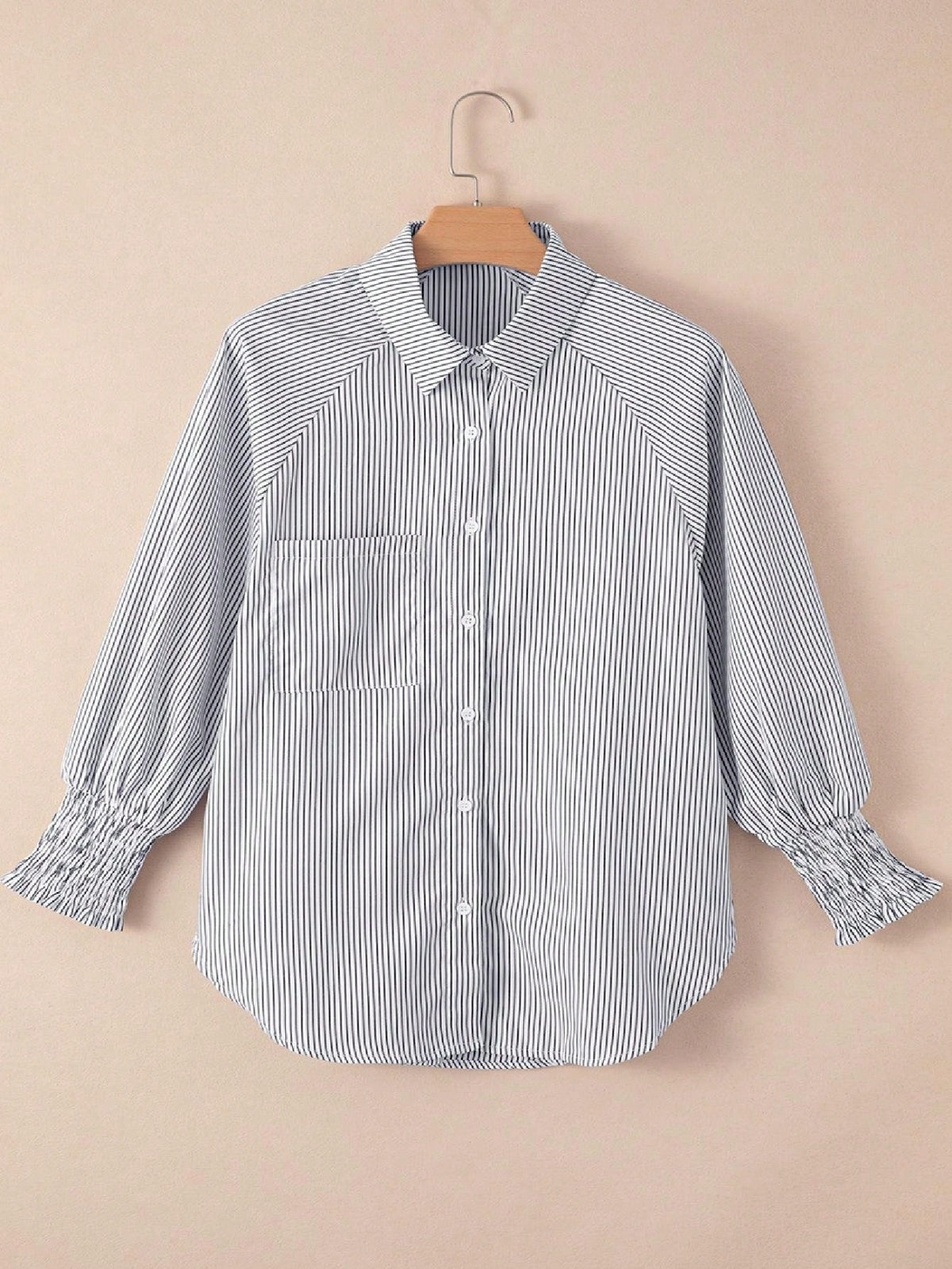 Boho Retro Blue Black Pin Stripe Shirred Scrunched Up Cuff Sleeve Light Weight Overs Sized Button Down Shirt Tunic Blouse