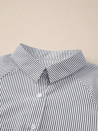 Boho Retro Blue Black Pin Stripe Shirred Scrunched Up Cuff Sleeve Light Weight Overs Sized Button Down Shirt Tunic Blouse