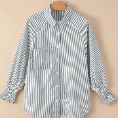 Boho Retro Blue Black Pin Stripe Shirred Scrunched Up Cuff Sleeve Light Weight Overs Sized Button Down Shirt Tunic Blouse