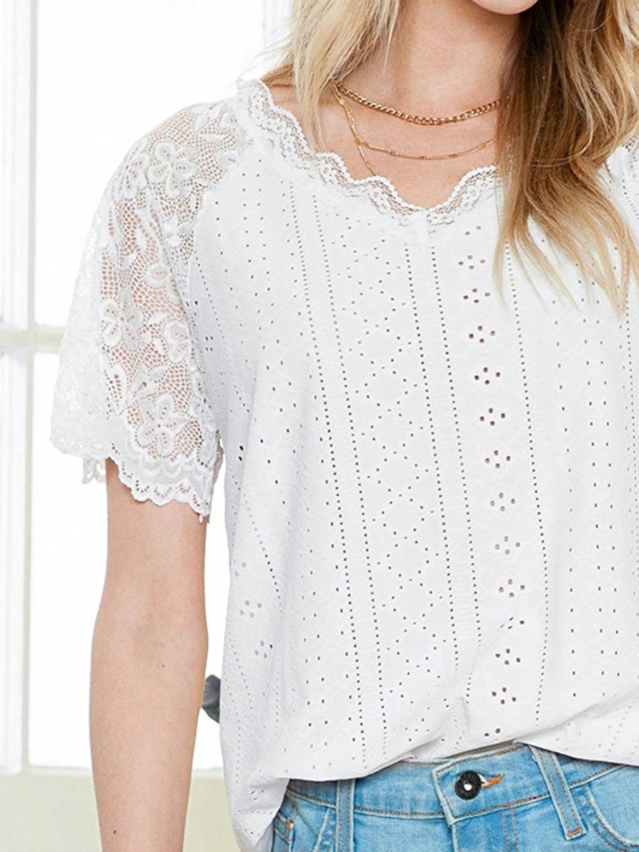 Boho Retro Lace V Neck Eyelet Raglan  Tunic Top Shirt