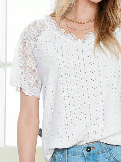 Boho Retro Lace V Neck Eyelet Raglan  Tunic Top Shirt