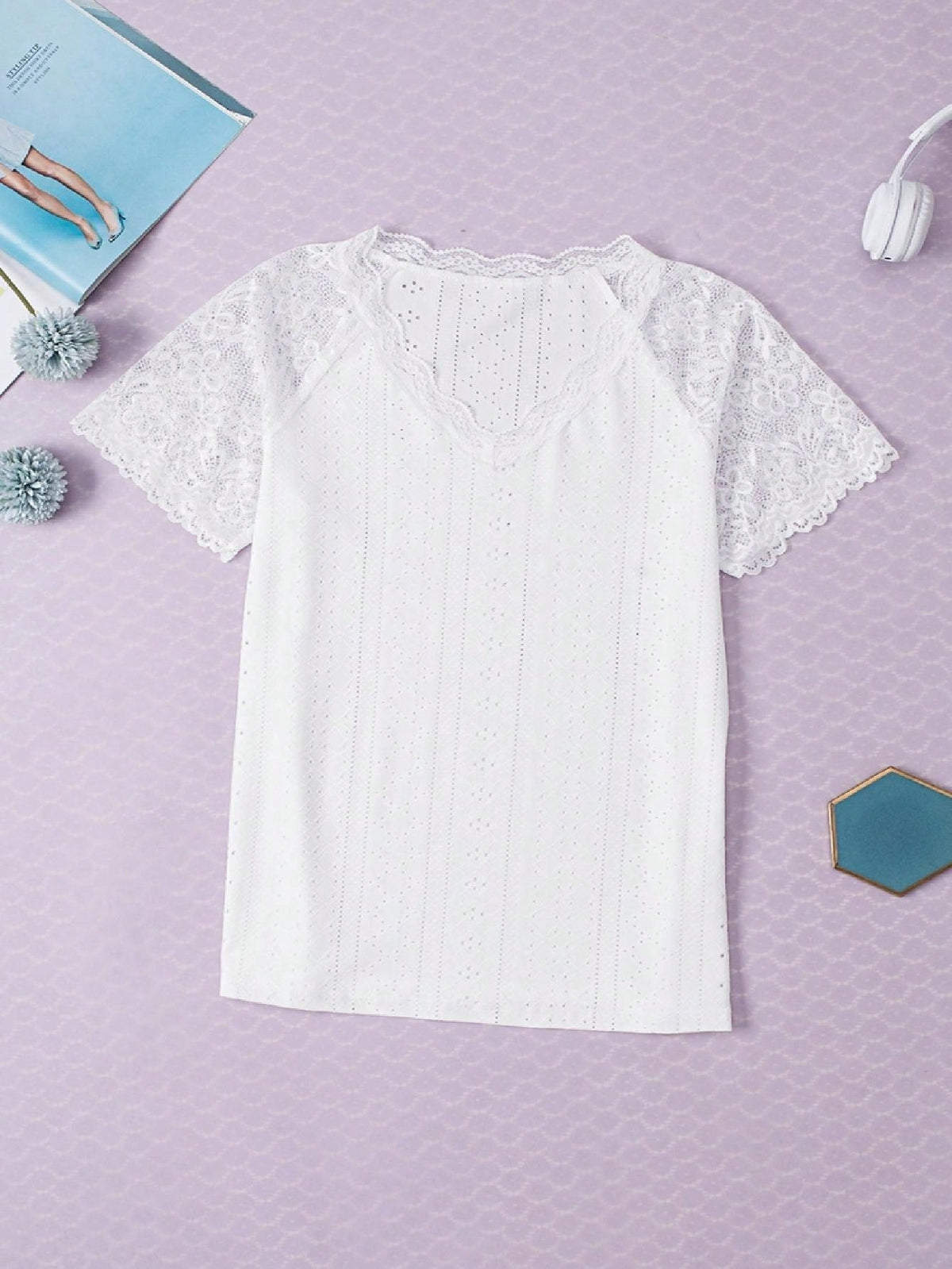 Boho Retro Lace V Neck Eyelet Raglan  Tunic Top Shirt