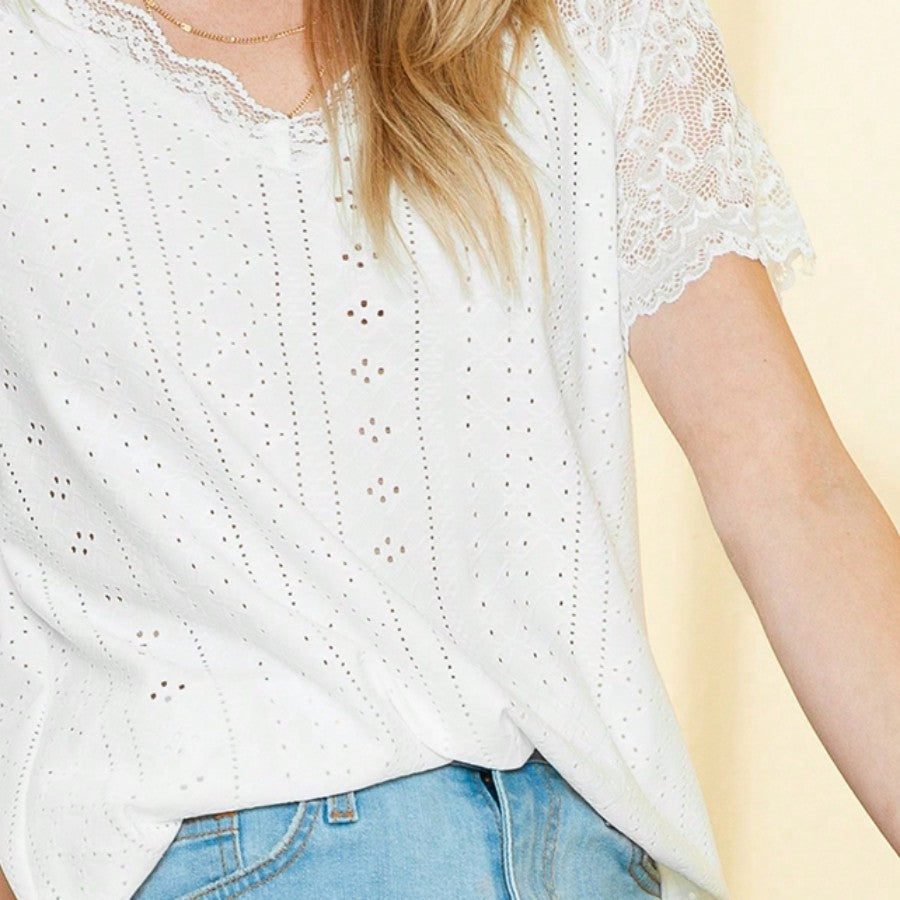 Boho Retro Lace V Neck Eyelet Raglan  Tunic Top Shirt