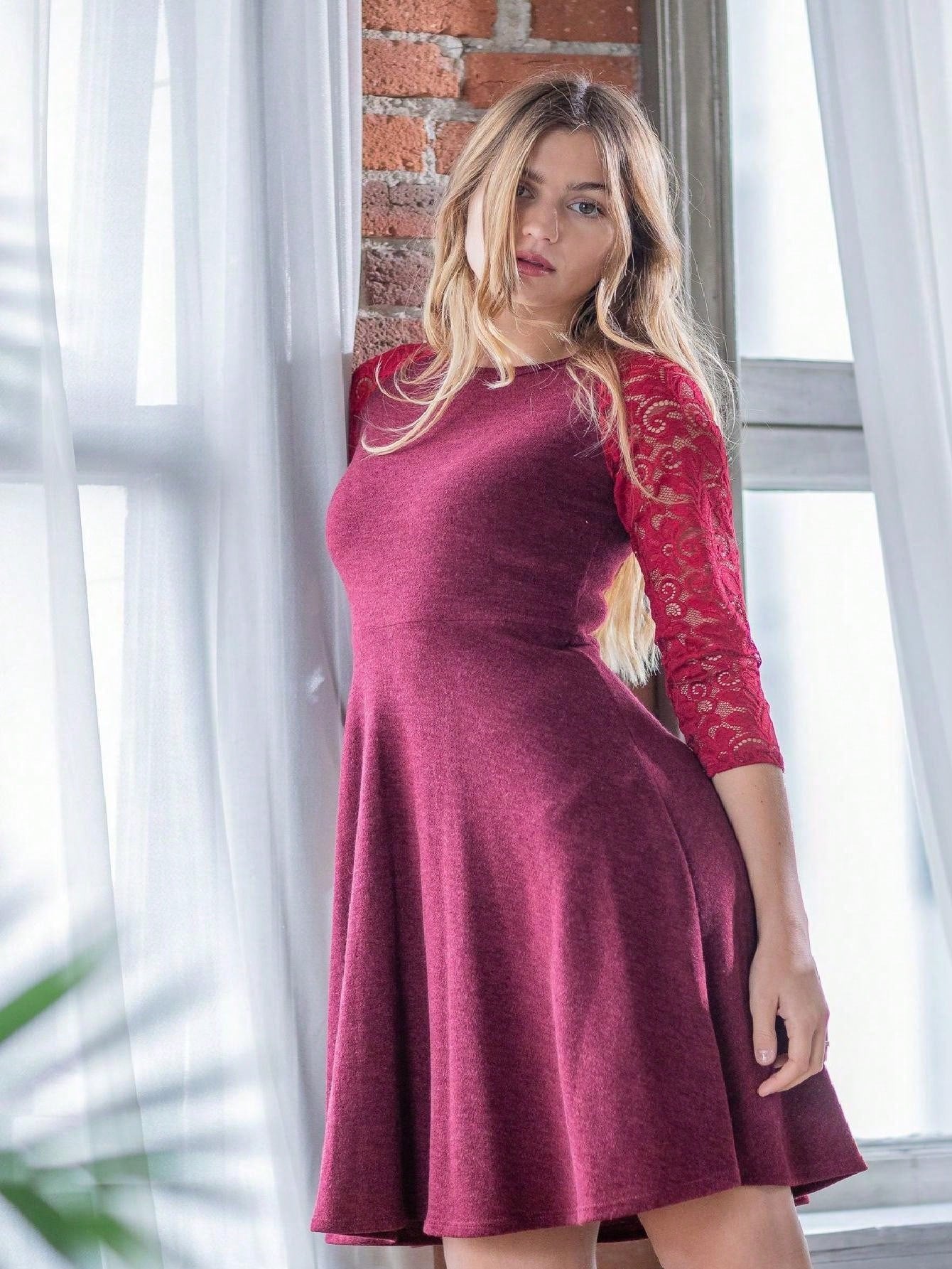 Boho Retro Burgundy  Red Lace Fit And Flare Three-Quarter Sleeve Lace