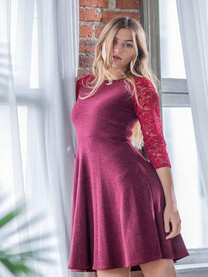 Boho Retro Burgundy  Red Lace Fit And Flare Three-Quarter Sleeve Lace
