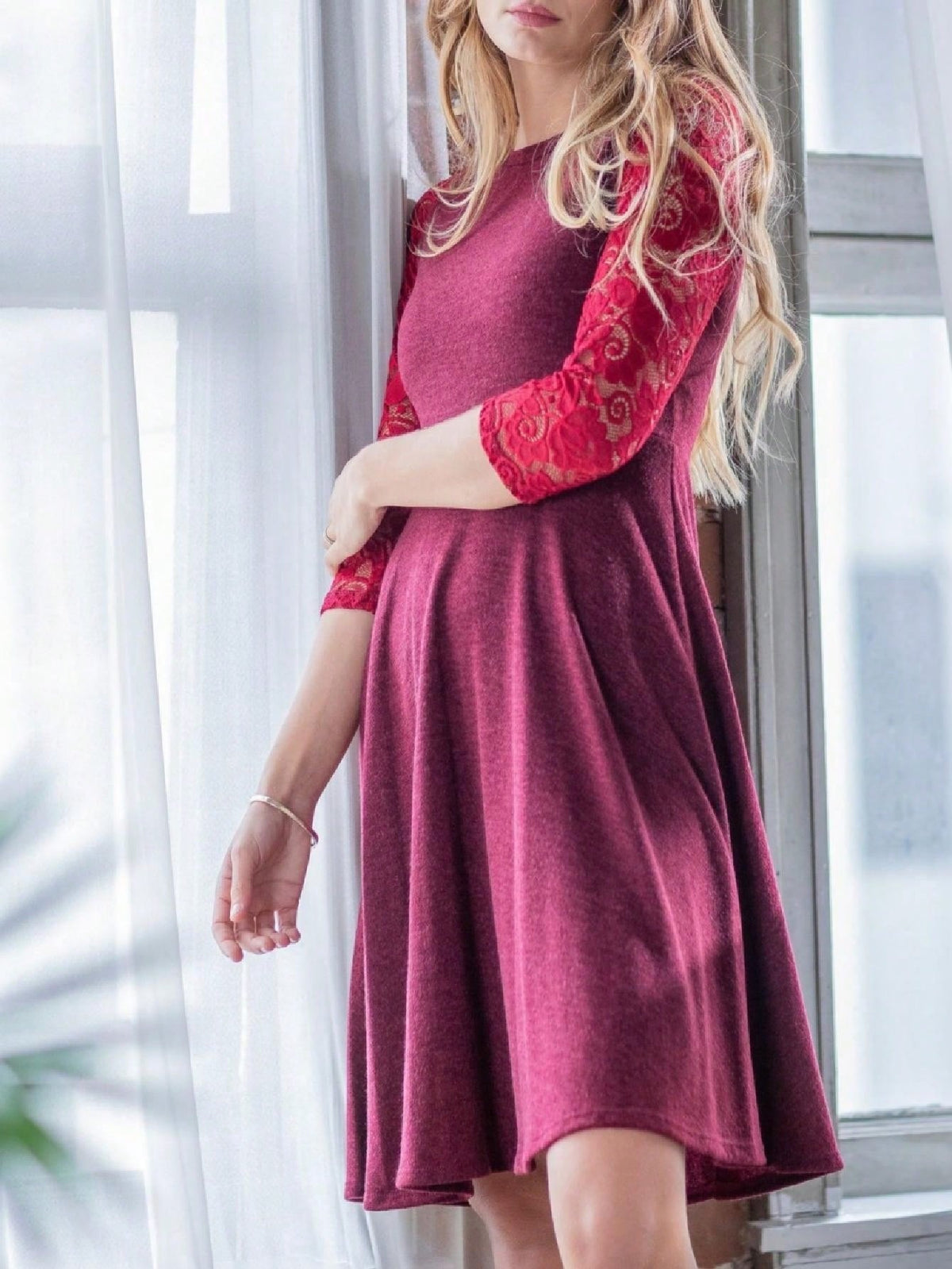 Boho Retro Burgundy  Red Lace Fit And Flare Three-Quarter Sleeve Lace