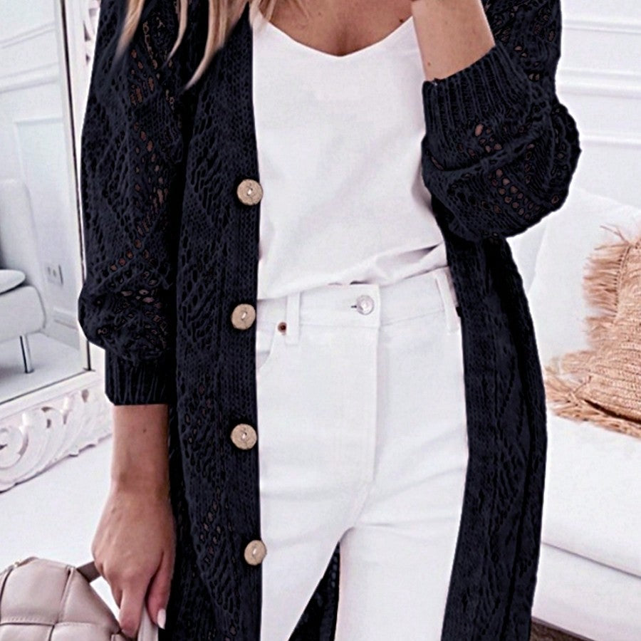 Boho Retro Cotton Mix Crochet Knit Hollow Light Weight Button Front Side Slit Long Cardigan