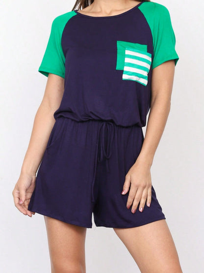 Boho Casual Green Navy Blue Tank Cami Romper Short Sleeve Double Pockets