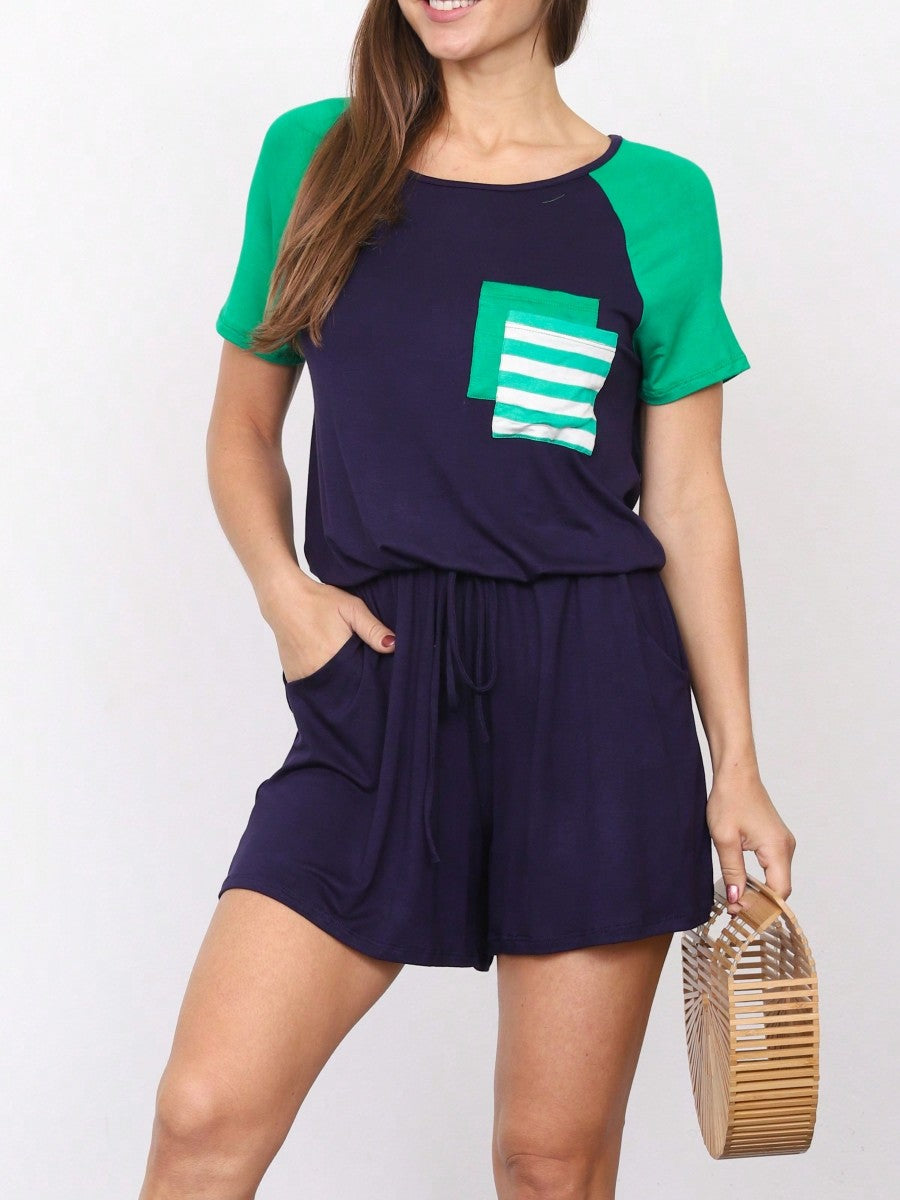 Boho Casual Green Navy Blue Tank Cami Romper Short Sleeve Double Pockets