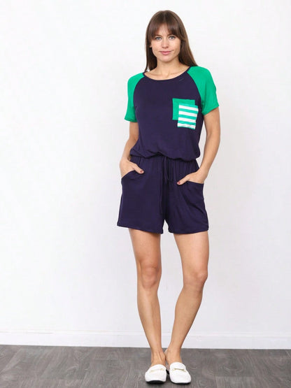 Boho Casual Green Navy Blue Tank Cami Romper Short Sleeve Double Pockets