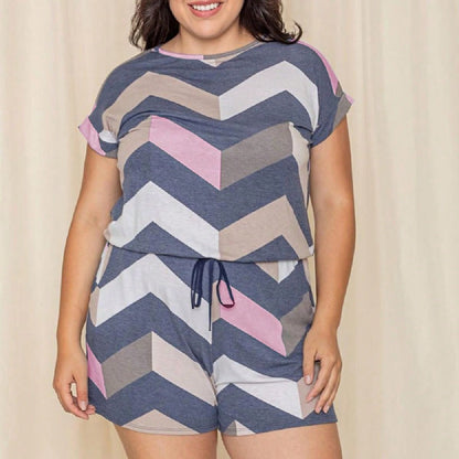 Boho Retro 60's Chevron Zig Zag Drawstring Jumpsuit Romper With Pocket Cuffed Sleeve 4" Inseam Shorts
