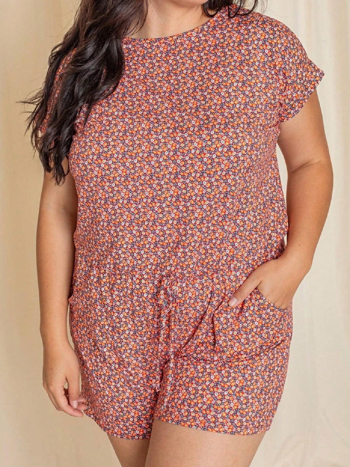 Boho Casual Red Black Ditsy Floral Tank Cami Romper Short Sleeve
