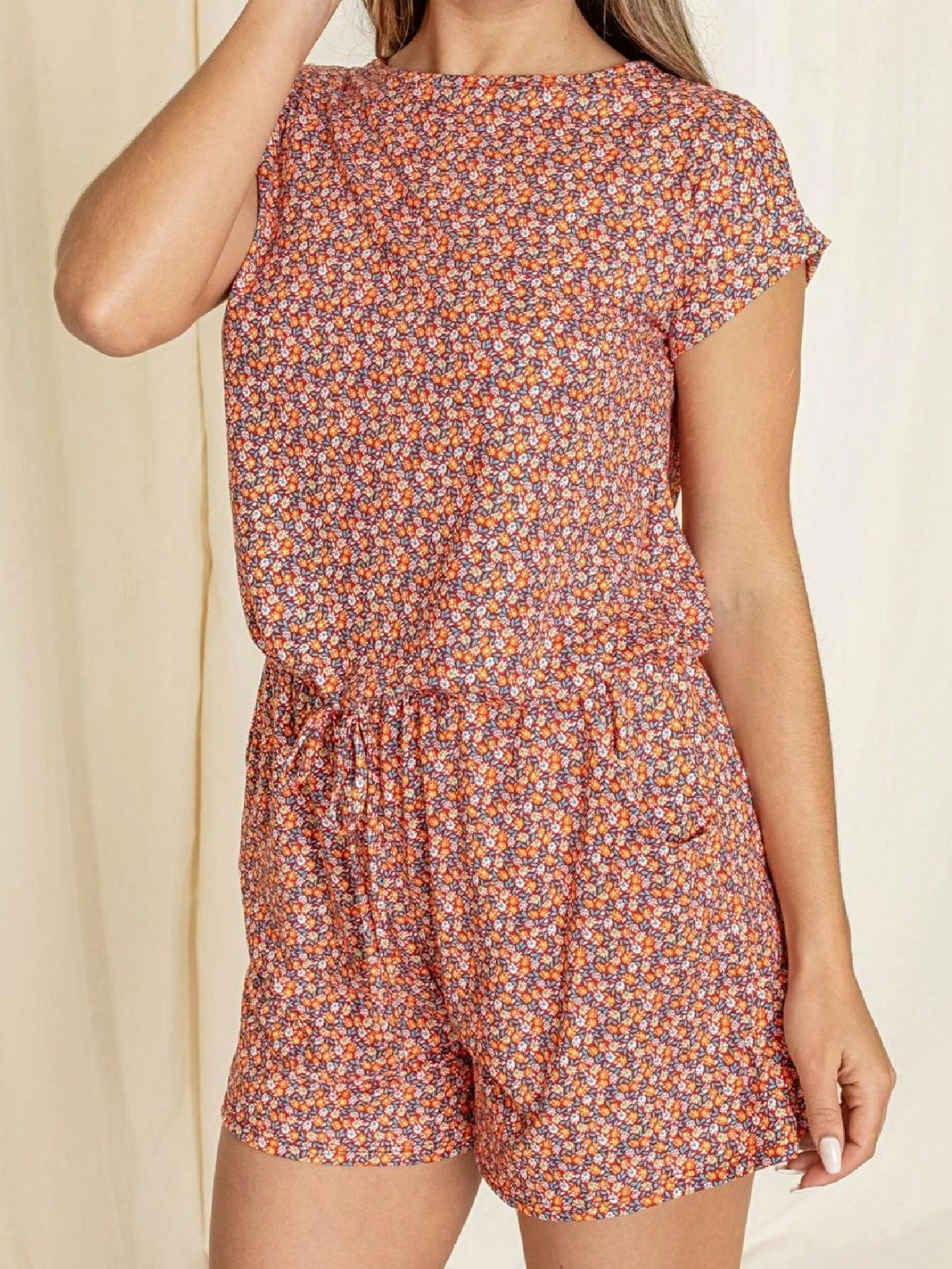 Boho Casual Red Black Ditsy Floral Tank Cami Romper Short Sleeve