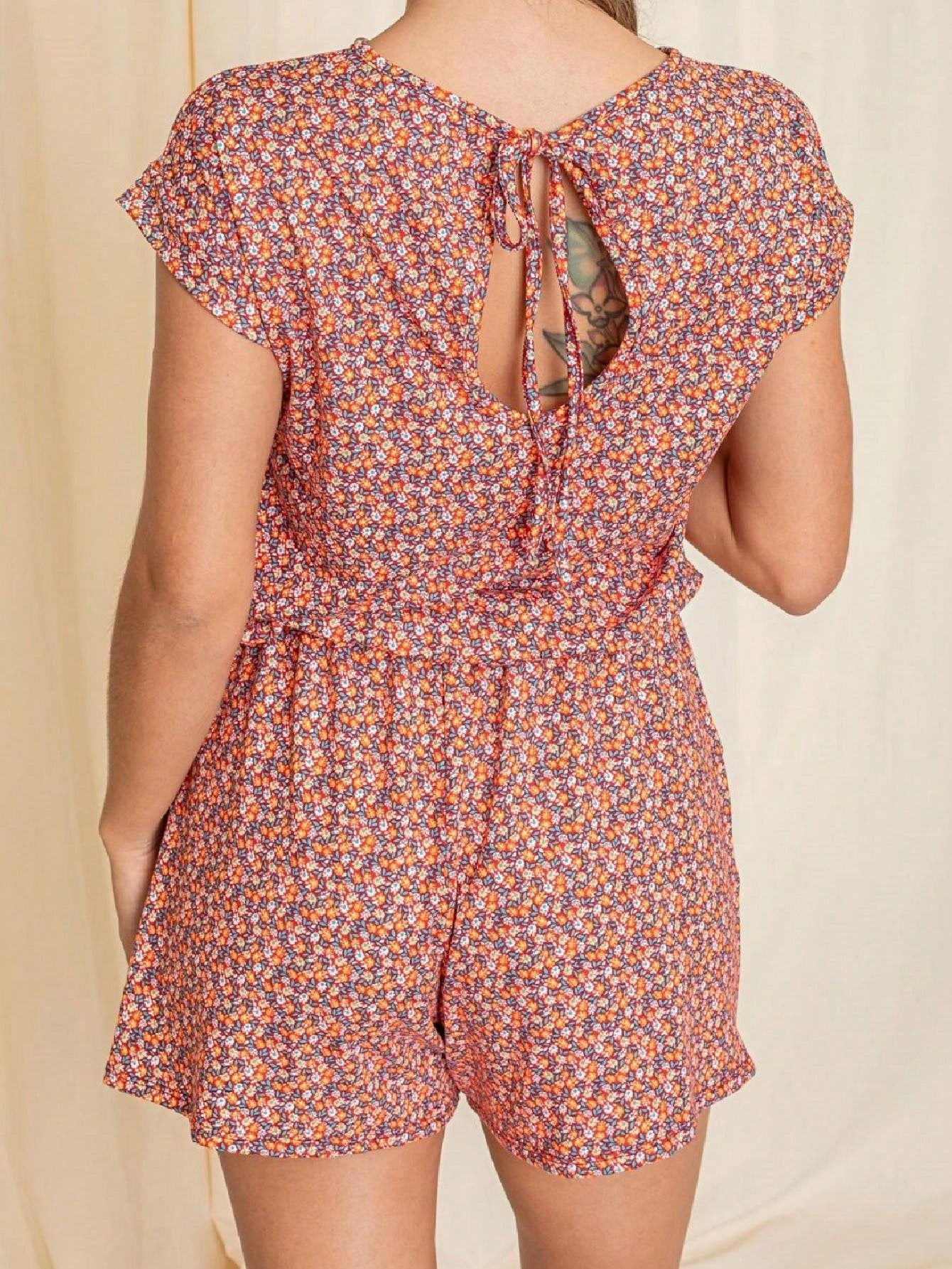 Boho Casual Red Black Ditsy Floral Tank Cami Romper Short Sleeve