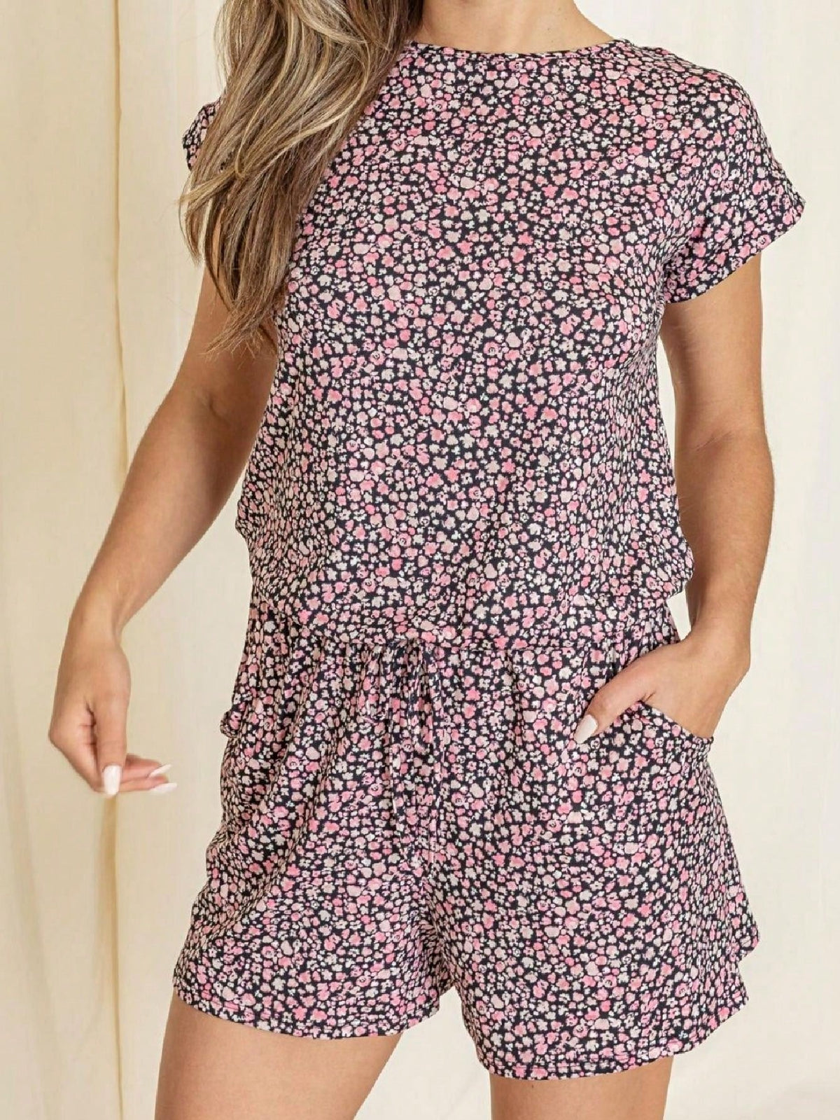 Boho Casual Red Black Ditsy Floral Tank Cami Romper Short Sleeve