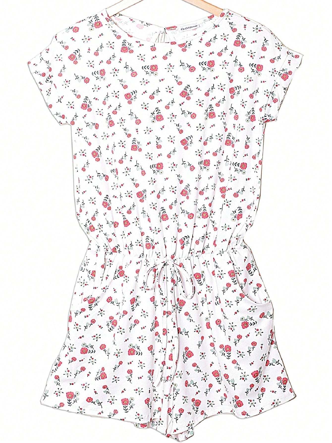 Boho Casual Red Black Ditsy Floral Tank Cami Romper Short Sleeve