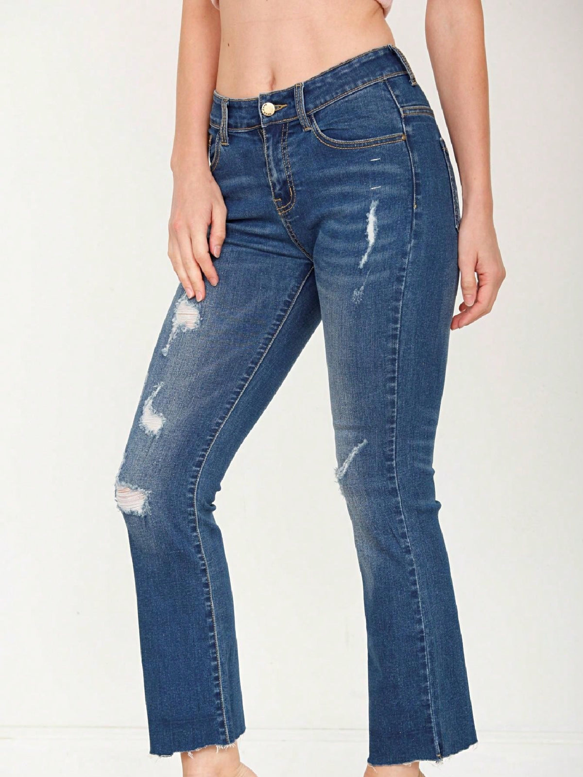 Cotton Tattered Hem Mid High Waist Cropped Semi Ankle Boot Cut Jeans