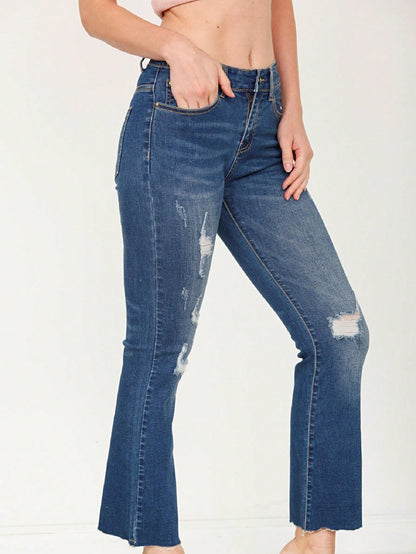 Cotton Tattered Hem Mid High Waist Cropped Semi Ankle Boot Cut Jeans