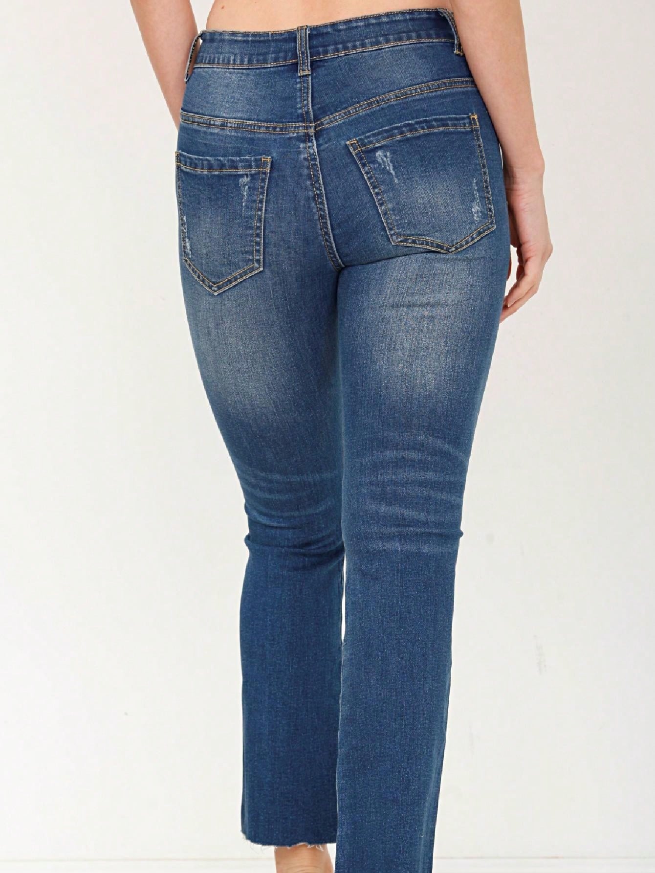 Cotton Tattered Hem Mid High Waist Cropped Semi Ankle Boot Cut Jeans