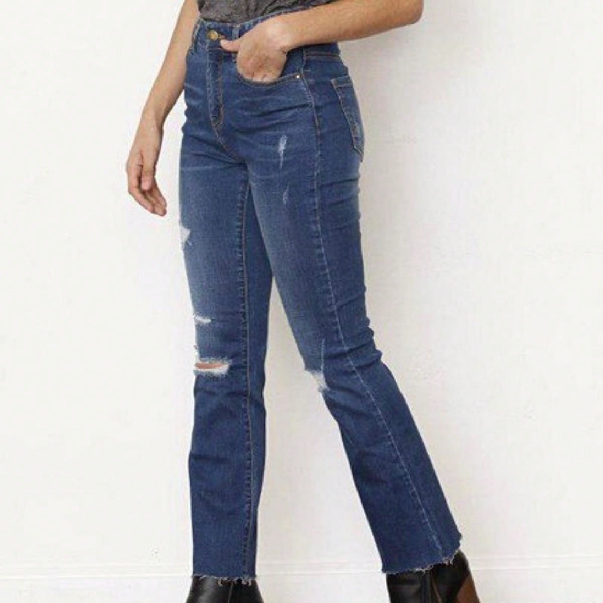 Cotton Tattered Hem Mid High Waist Cropped Semi Ankle Boot Cut Jeans