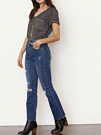 Cotton Tattered Hem Mid High Waist Cropped Semi Ankle Boot Cut Jeans