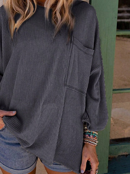 Boho Retro 60's Ribbed Tab Sleeve Drop Shoulder Pocket Over Sized Half Sleeve Sage Charcoal Grey Crew Neck Top Shirt Blouse