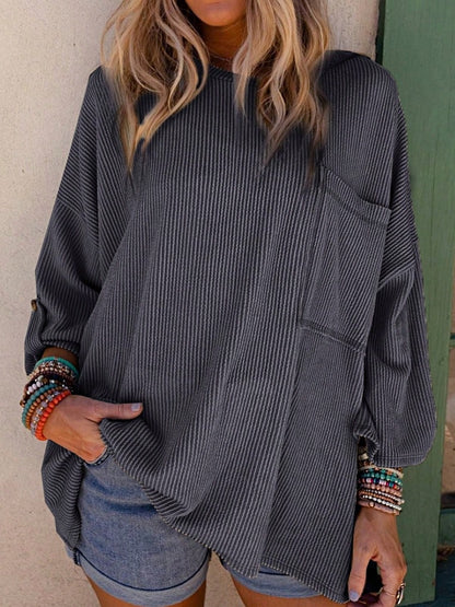 Boho Retro 60's Ribbed Tab Sleeve Drop Shoulder Pocket Over Sized Half Sleeve Sage Charcoal Grey Crew Neck Top Shirt Blouse