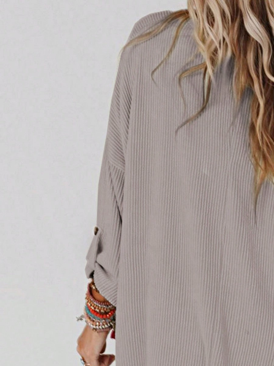 Boho Retro 60's Ribbed Tab Sleeve Drop Shoulder Pocket Over Sized Half Sleeve Sage Charcoal Grey Crew Neck Top Shirt Blouse