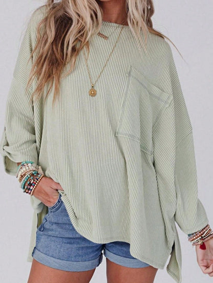 Boho Retro 60's Ribbed Tab Sleeve Drop Shoulder Pocket Over Sized Half Sleeve Sage Charcoal Grey Crew Neck Top Shirt Blouse