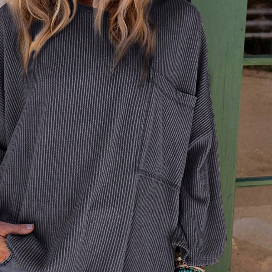 Boho Retro 60's Ribbed Tab Sleeve Drop Shoulder Pocket Over Sized Half Sleeve Sage Charcoal Grey Crew Neck Top Shirt Blouse