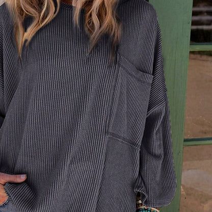 Boho Retro 60's Ribbed Tab Sleeve Drop Shoulder Pocket Over Sized Half Sleeve Sage Charcoal Grey Crew Neck Top Shirt Blouse