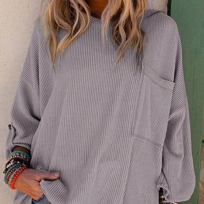 Boho Retro 60's Ribbed Tab Sleeve Drop Shoulder Pocket Over Sized Half Sleeve Sage Charcoal Grey Crew Neck Top Shirt Blouse