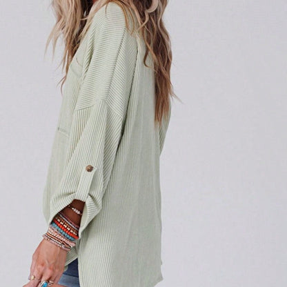 Boho Retro 60's Ribbed Tab Sleeve Drop Shoulder Pocket Over Sized Half Sleeve Sage Charcoal Grey Crew Neck Top Shirt Blouse