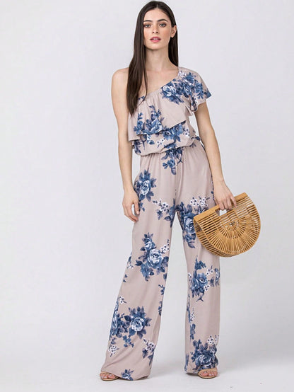 Boho Casual Beige Blue Floral Leaf Tank Cami One Shoulder Ruffle Wide Leg Jumpsuit Small To 3 XL PLUS