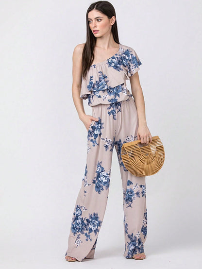 Boho Casual Beige Blue Floral Leaf Tank Cami One Shoulder Ruffle Wide Leg Jumpsuit Small To 3 XL PLUS