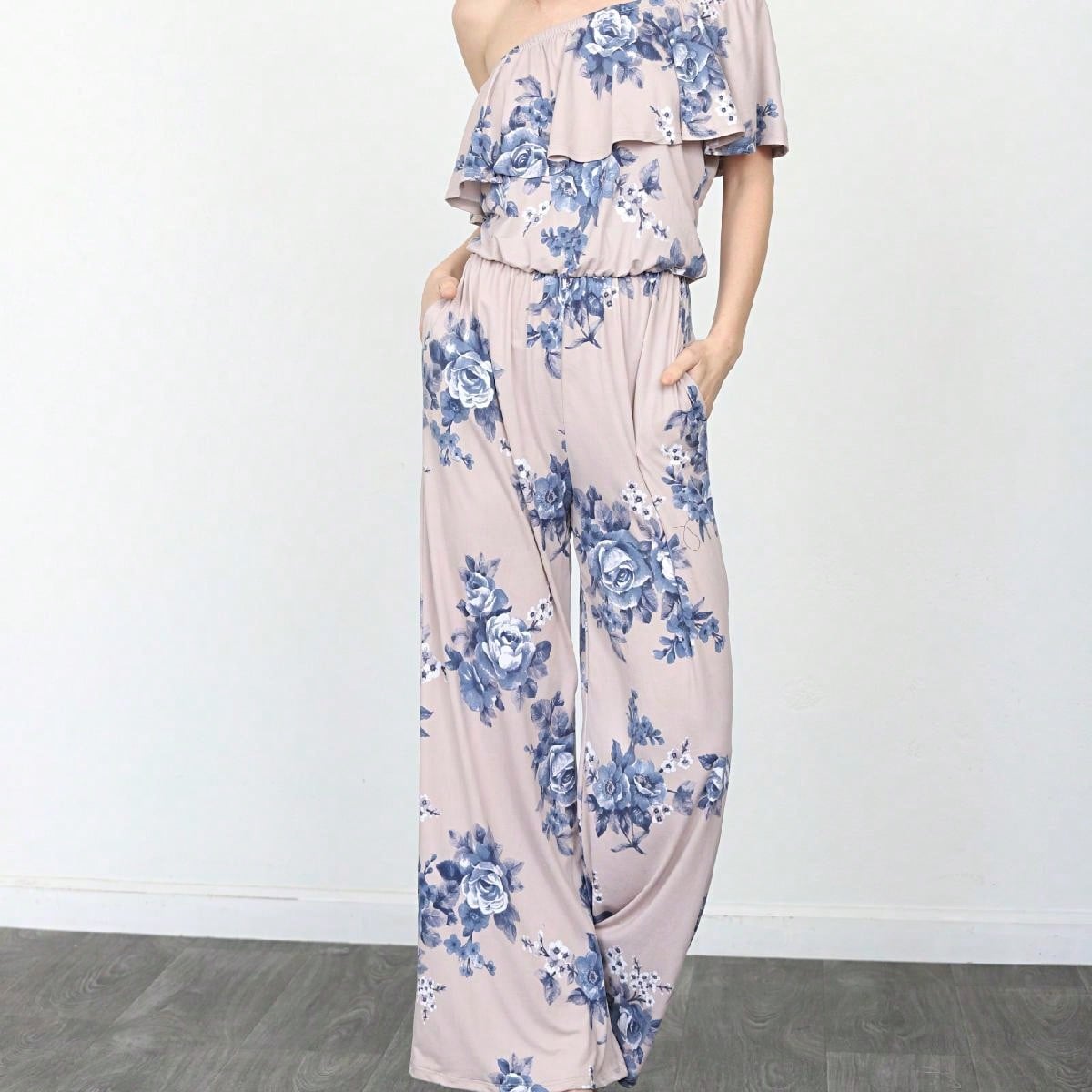 Boho Casual Beige Blue Floral Leaf Tank Cami One Shoulder Ruffle Wide Leg Jumpsuit Small To 3 XL PLUS