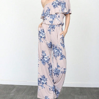 Boho Casual Beige Blue Floral Leaf Tank Cami One Shoulder Ruffle Wide Leg Jumpsuit Small To 3 XL PLUS