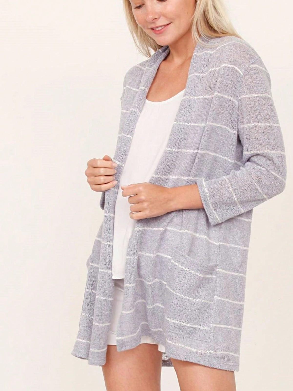 Boho Vintage Stripe Grey Violet Light Weight Three Quarter Sleeve  Knit Slouch Kimono Cardigan