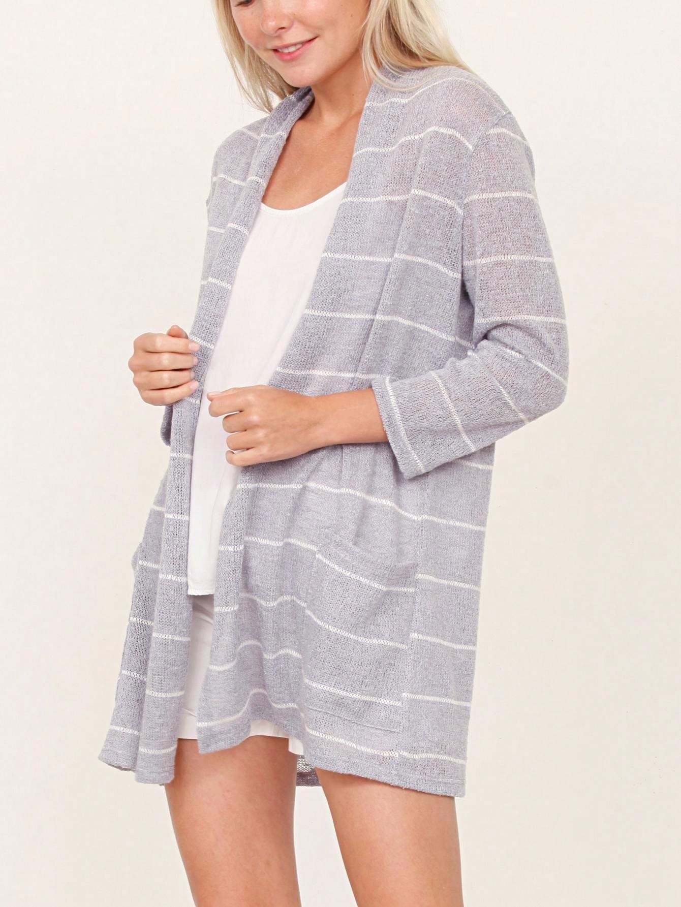Boho Vintage Stripe Grey Violet Light Weight Three Quarter Sleeve  Knit Slouch Kimono Cardigan
