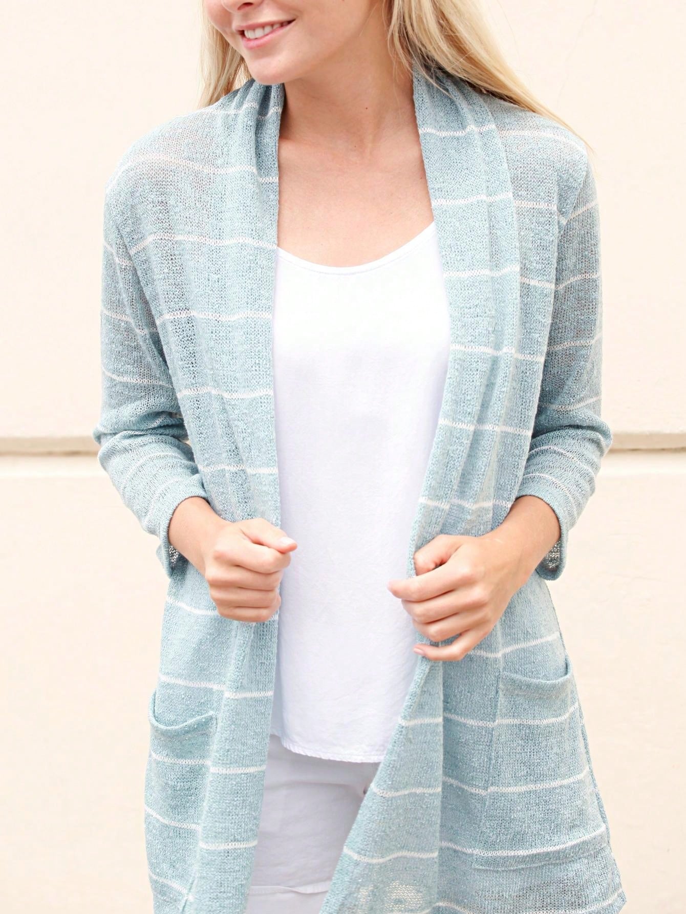 Boho Vintage Stripe Grey Violet Light Weight Three Quarter Sleeve  Knit Slouch Kimono Cardigan