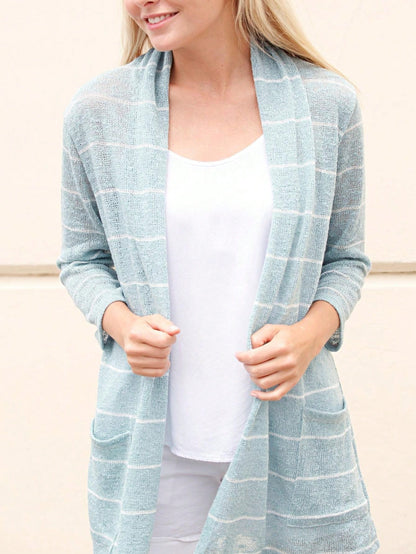 Boho Vintage Stripe Grey Violet Light Weight Three Quarter Sleeve  Knit Slouch Kimono Cardigan