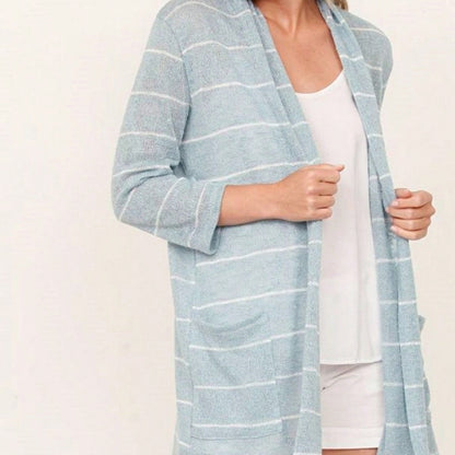 Boho Vintage Stripe Grey Violet Light Weight Three Quarter Sleeve  Knit Slouch Kimono Cardigan
