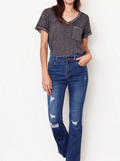 Cotton Tattered Hem Mid High Waist Cropped Semi Ankle Boot Cut Jeans
